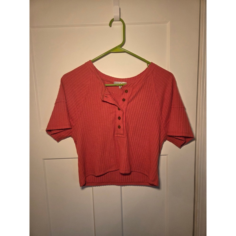 Fitz + Eddi Womens Medium Waffle Knit‎ Cropped Henley Short Sleeve Top